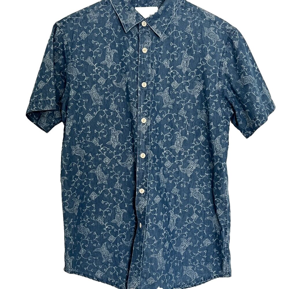 Burma Bibas Mens Shirt M Cotton Button Up Blue Floral short sleeve